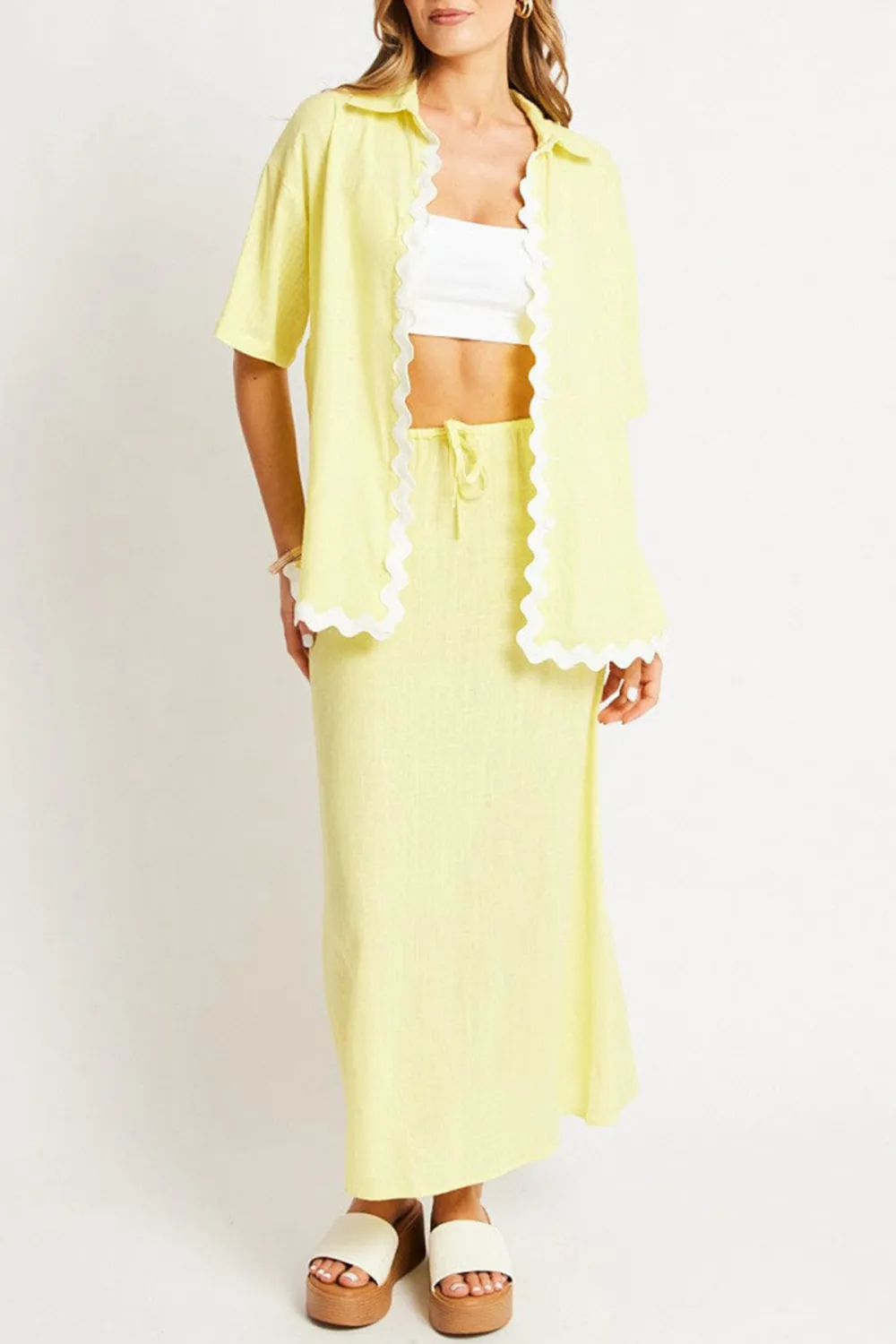Yellow Midi Skirt Relaxed Fit Elastic Waist