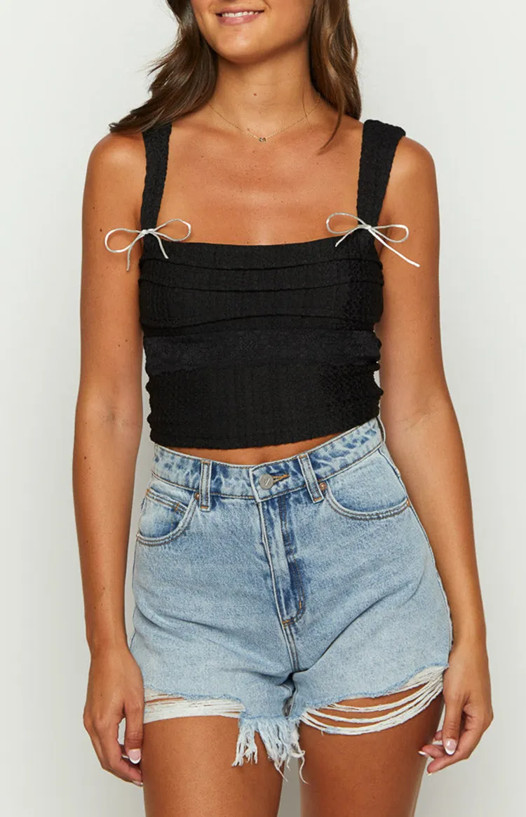 Black Ruched Strappy Crop Tank Top