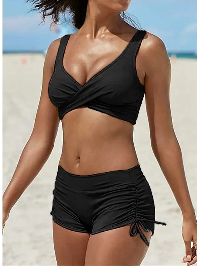 Women's Swimwear Bikini 2 Piece Plus Size Swimsuit Ruched Backless 2 Piece Open Back Slim Camouflage Pure Color Orange Padded V Wire Bathing Suits New Vacation Fashion