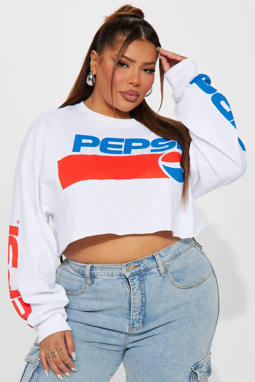 Pepsi Cola Long Sleeve Crop Top - White