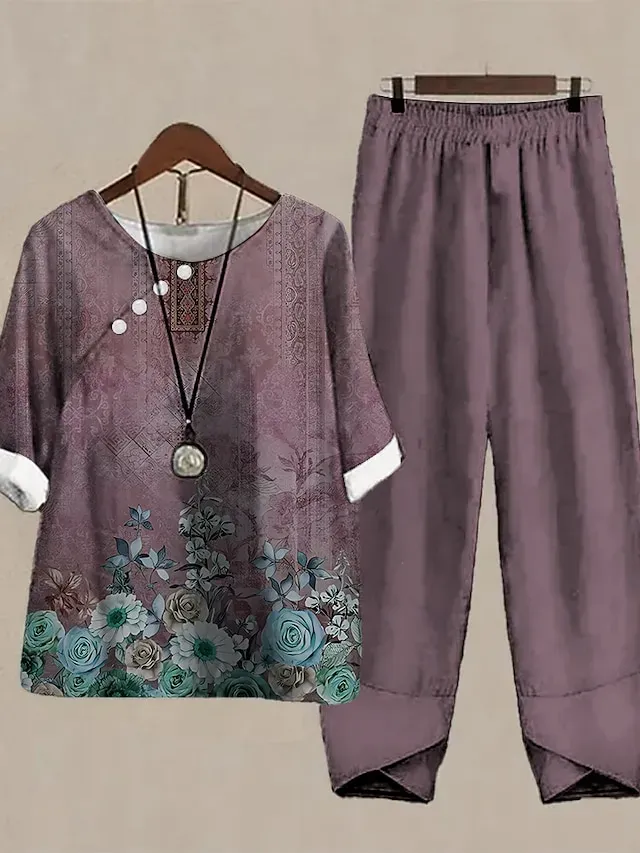Women's Shirt Pants Sets Pants Trousers Basic Light Green Blue Holiday Weekend Floral Print Round Neck S M L XL 2XL