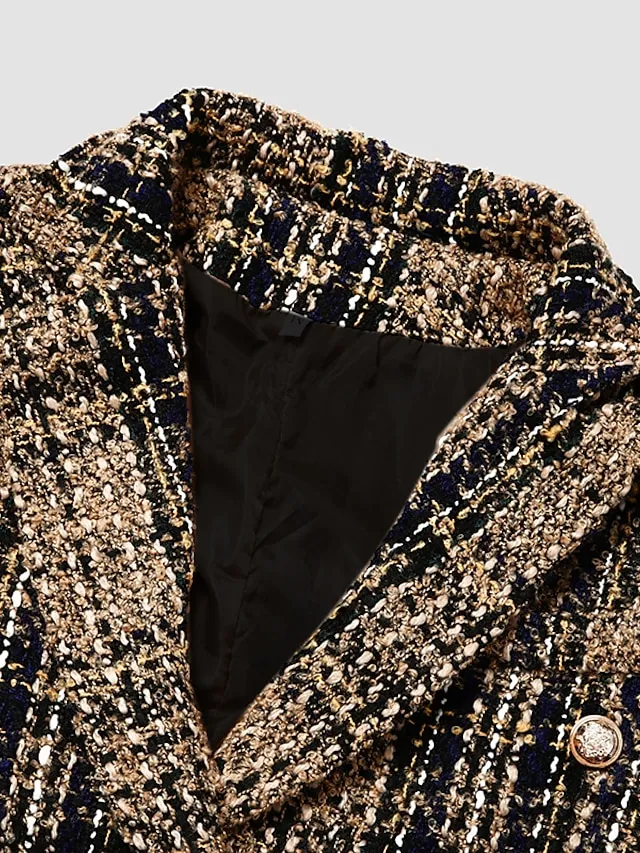 Women's Blazer Tweed Maillard Plaid Long Sleeve Coat Fall Winter Business Double Breasted Regular Jacket Green Brown XL 2XL 3XL