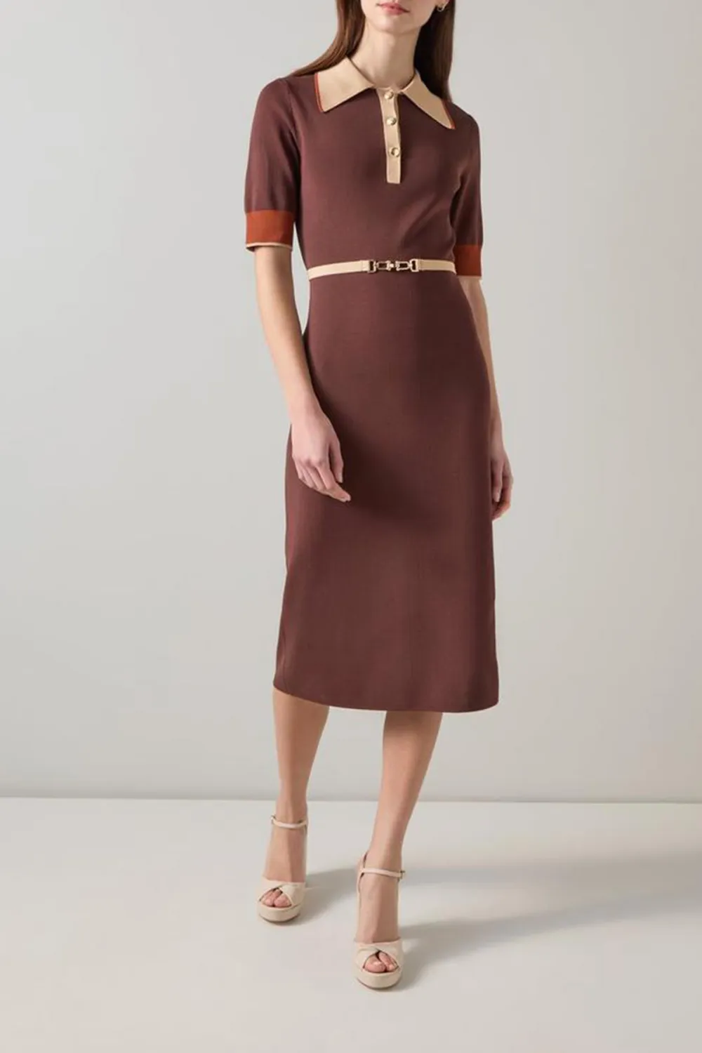 Brown Contrast Collar Short Sleeve Midi Dress