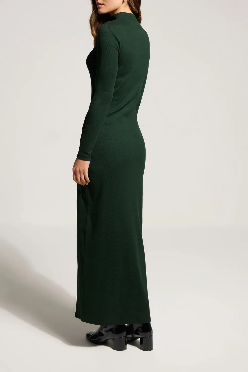 Dark Green Ribbed Shoulder Button Daily Dress