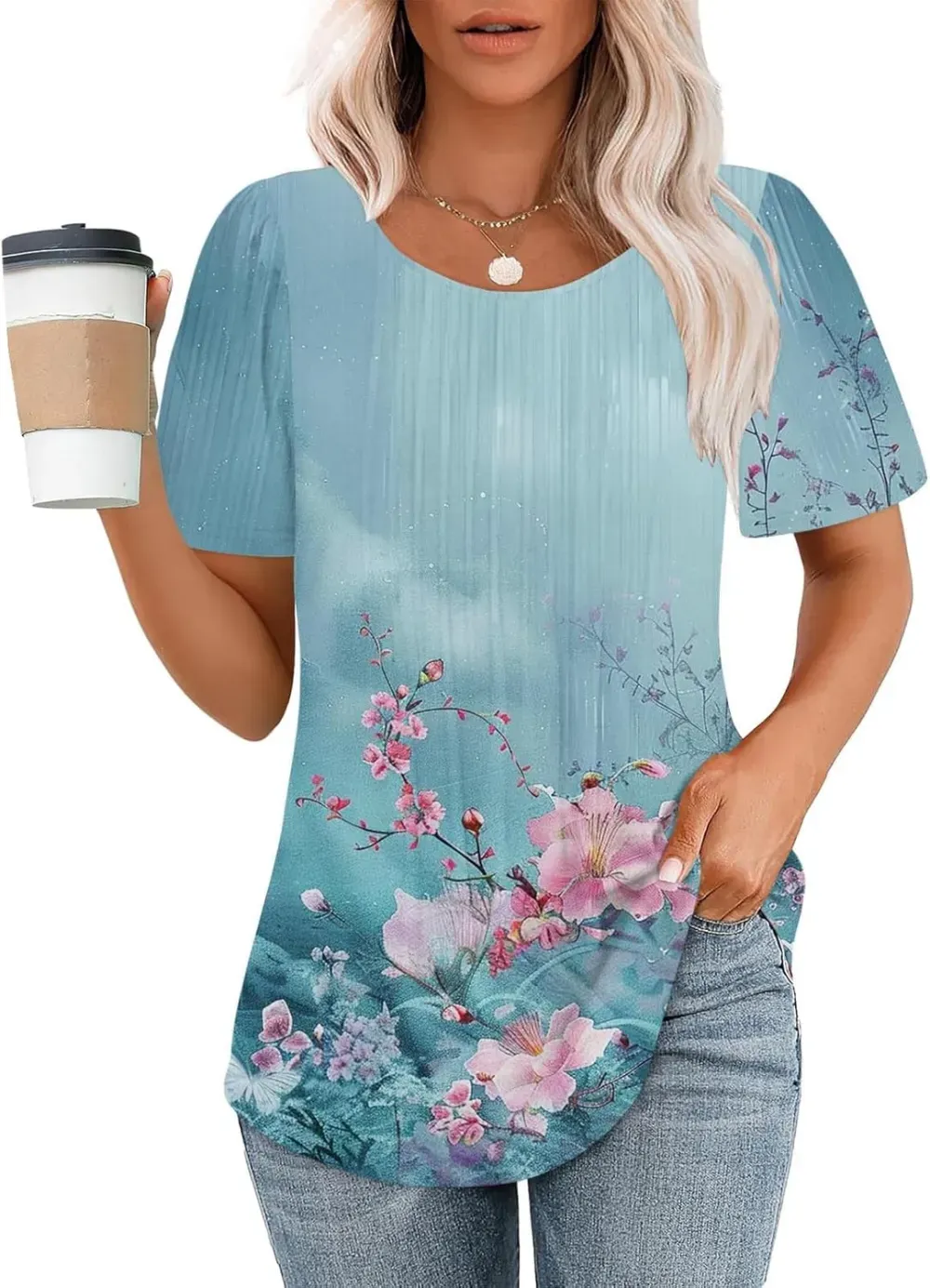 Womens Summer Pleated Front Shirts Tunics Casual Short Sleeved Loose Round Neck Boho Printed Tops Vacation Blouse