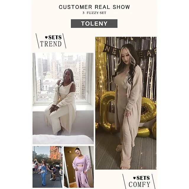 Women's Loungewear Sets Fluffy Fuzzy Sweatsuit 3 Pieces Pajama Pure Color Warm Fashion Simple Party Home Street Fleece Crew Neck Sleeveless Crop Top Pant Elastic Waist Winter Fall Black Camel