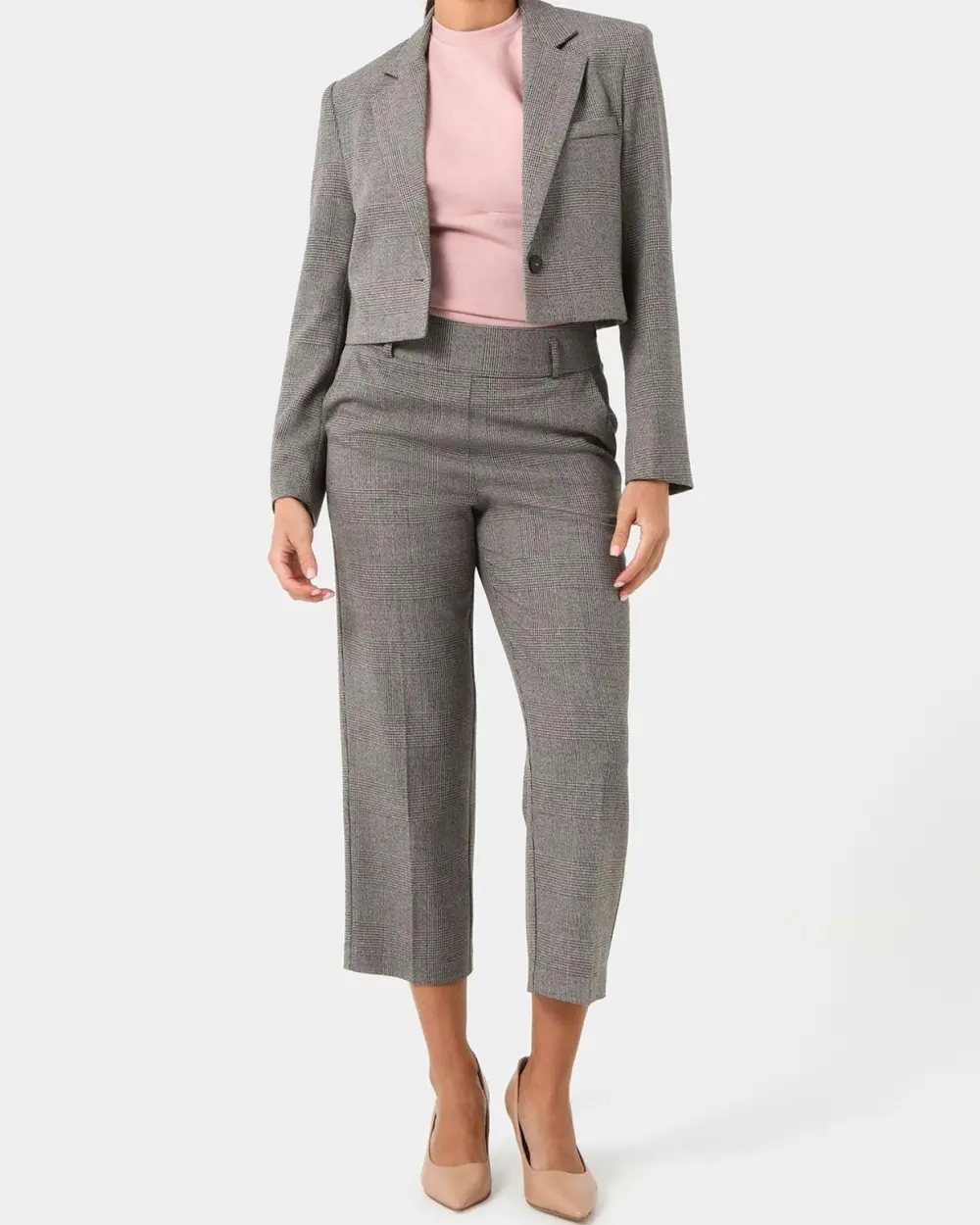 Checked Crop Blazer -Beige & Black