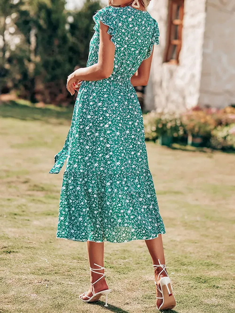 Women Summer Bohemian Floral Casual Wrap V Neck Ruffle Cap Sleeveless Belt A-Line Pleated Hem Swing Midi Sun Dress