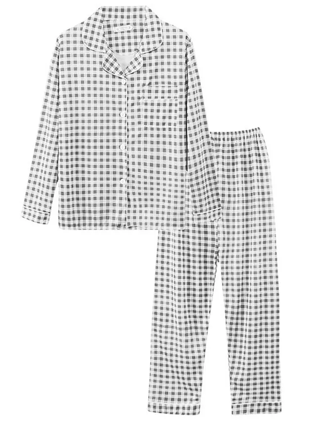 Women's Pajamas Sets Heart Grid / Plaid Fashion Comfort Soft Home Daily Bed Satin Breathable Lapel Long Sleeve Shirt Pant Button Pocket Fall Winter Light Pink Lotus Pink