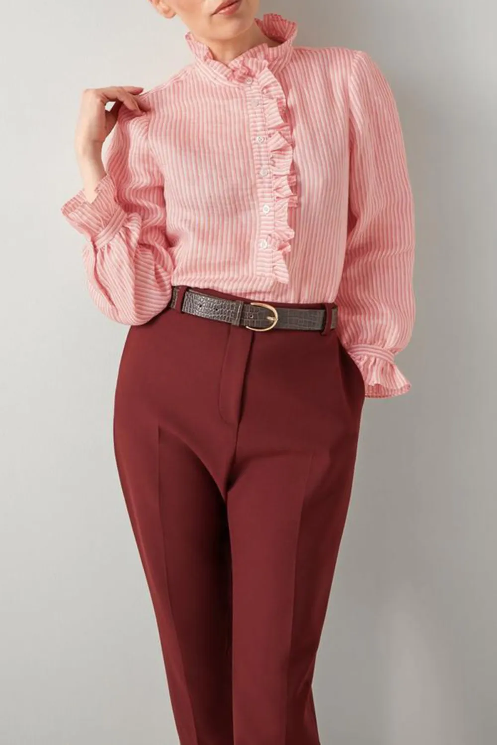 Pink Striped Ruffle Trim Button Down Shirt