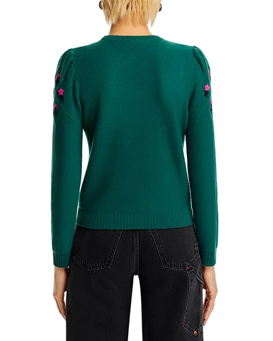 Puff Sleeve Embroidered Floral Cashmere Sweater