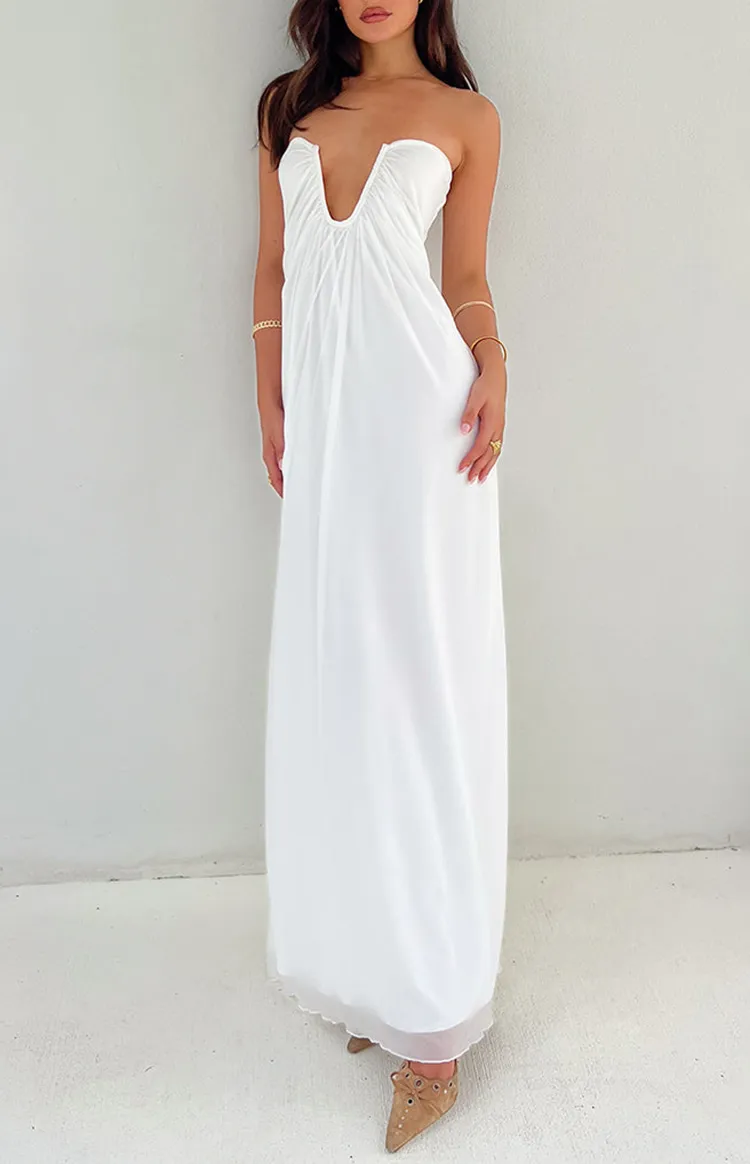 Deep V-Neck White Flowy Maxi Dress