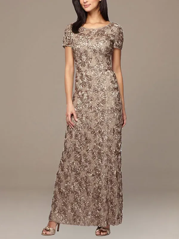 rosette lace cap sleeve a-line gown