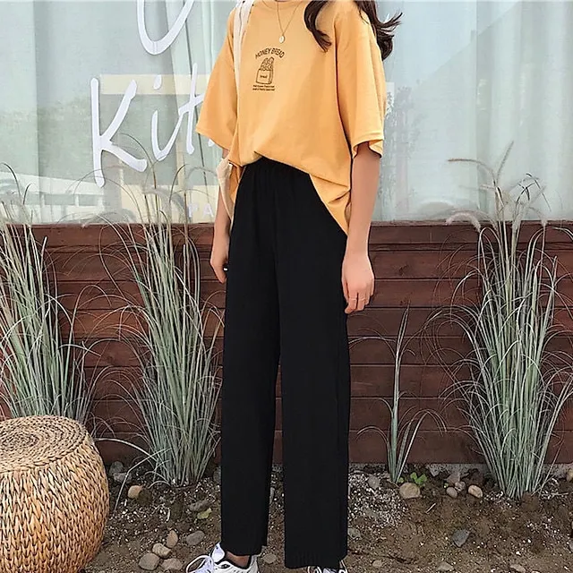 Women's Dress Pants Wide Leg Chinos Ankle-Length Baggy Micro-elastic Mid Waist Fashion Streetwear Daily Weekend Black S M Summer Spring &  Fall
