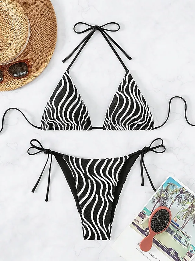 Mini Triangle Bikini Women's Stripes Swimwear Sexy Tropical Bikini Set Adjustable String Swimsuit Brazilian Biquinis Halter Neck Bathing Suits