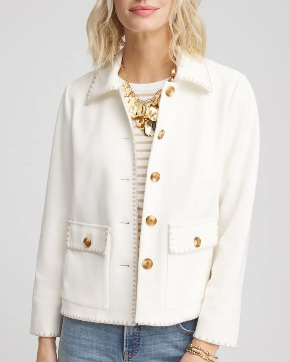 White Button Front Military Style Jacket