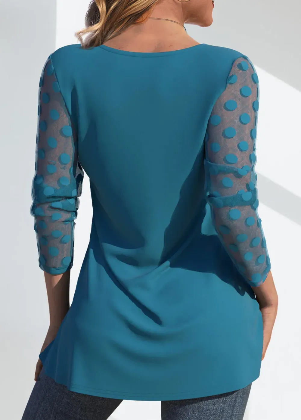 Peacock Blue Mesh Long Sleeve Heart Collar T Shirt