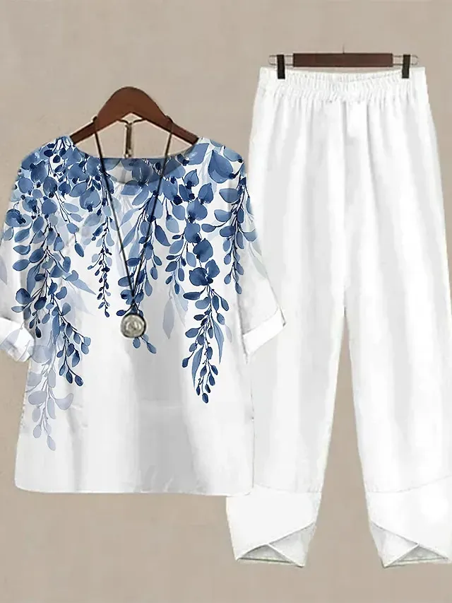 Women's Shirt Pants Sets Pants Trousers Basic White Pink Holiday Weekend Graphic Striped Print Round Neck S M L XL 2XL