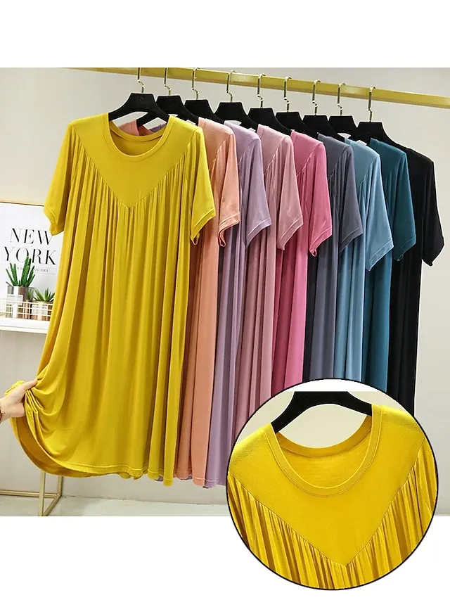 Women's Pajamas Nightgown Nightshirt Dress Pure Color Simple Casual Soft Home Daily Bed Polyester Breathable Crew Neck Short Sleeve Summer Spring Black Yellow
