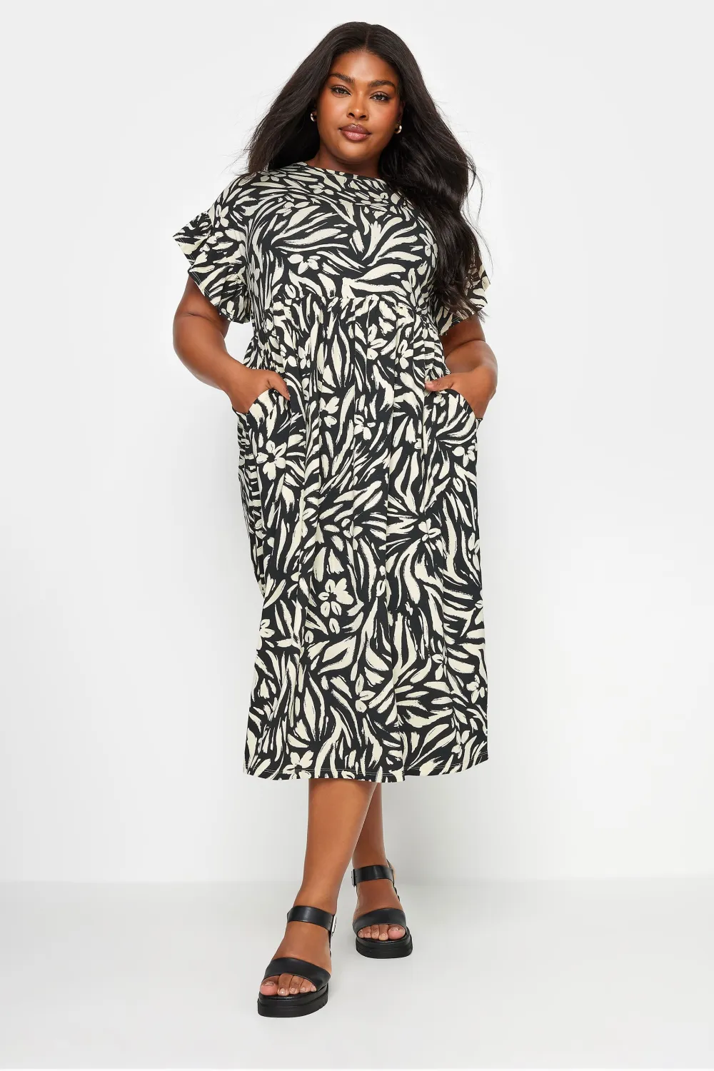 YOURS Curve Black & White Floral Print Pure Cotton Midaxi Dress