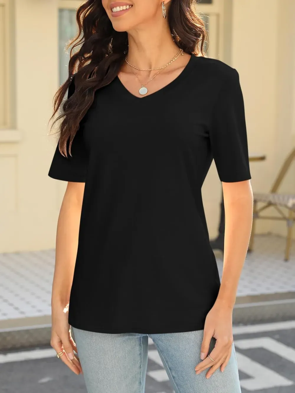 ORANDESIGNE Women's Color Block Short Sleeve T Shirts Casual V Neck Summer Tops Tees Loose Fit Blouses