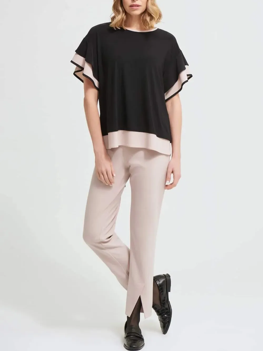 Black and Sand Ruffled Short - Sleeve Top
