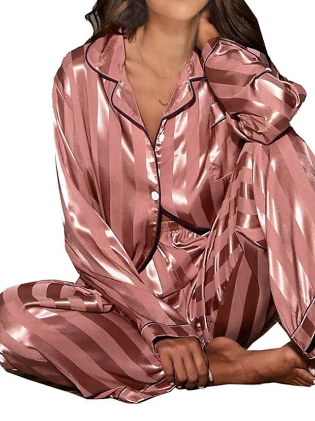 Women's Pajamas Sets Stripe Simple Comfort Soft Christmas Daily Carnival Satin Gift Lapel Long Sleeve Shirt Pant Button Pocket Fall Spring Pink Fuchsia