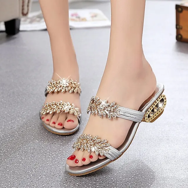 Women's Sandals Sparkly Sandals Outdoor Daily Beach Summer Sparkling Glitter Chunky Heel Open Toe Elegant Sweet Walking Shoes PU Leather Loafer Solid Colored Black Silver Gold
