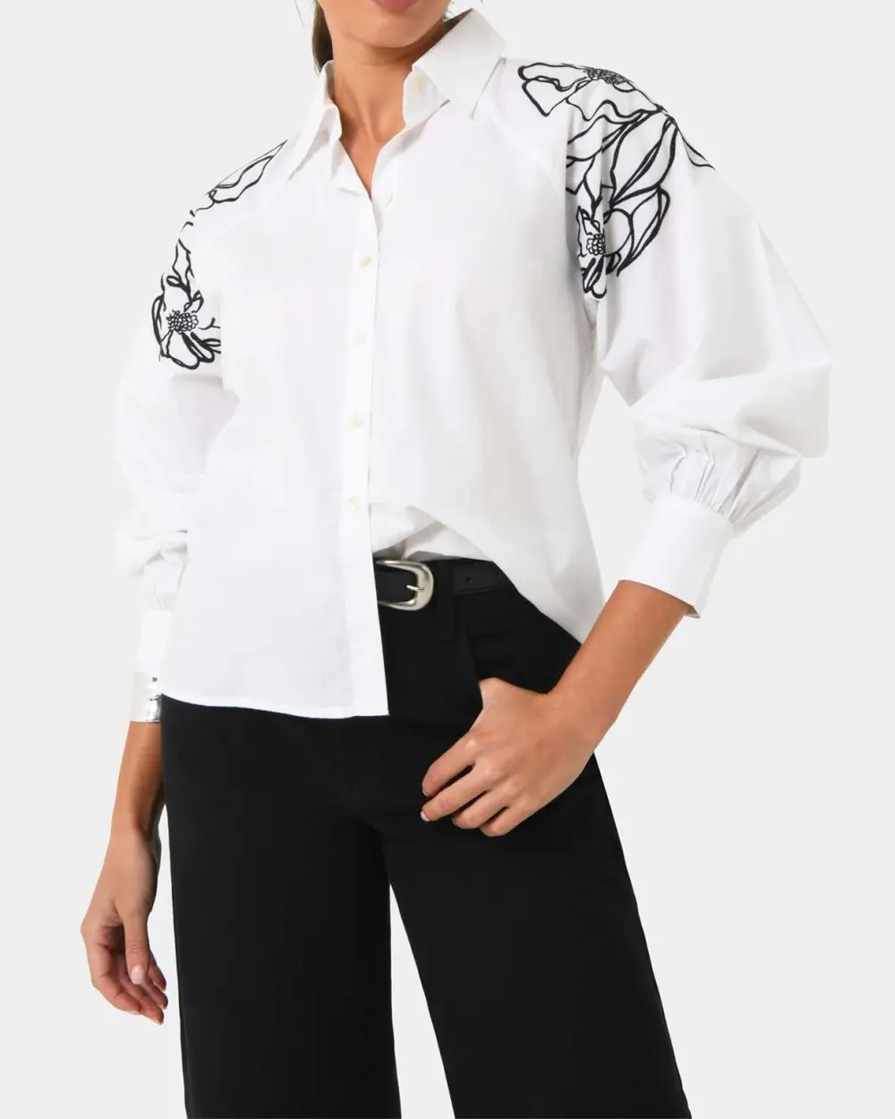 Button-down Front Closure Embroidered Cotton Shirt