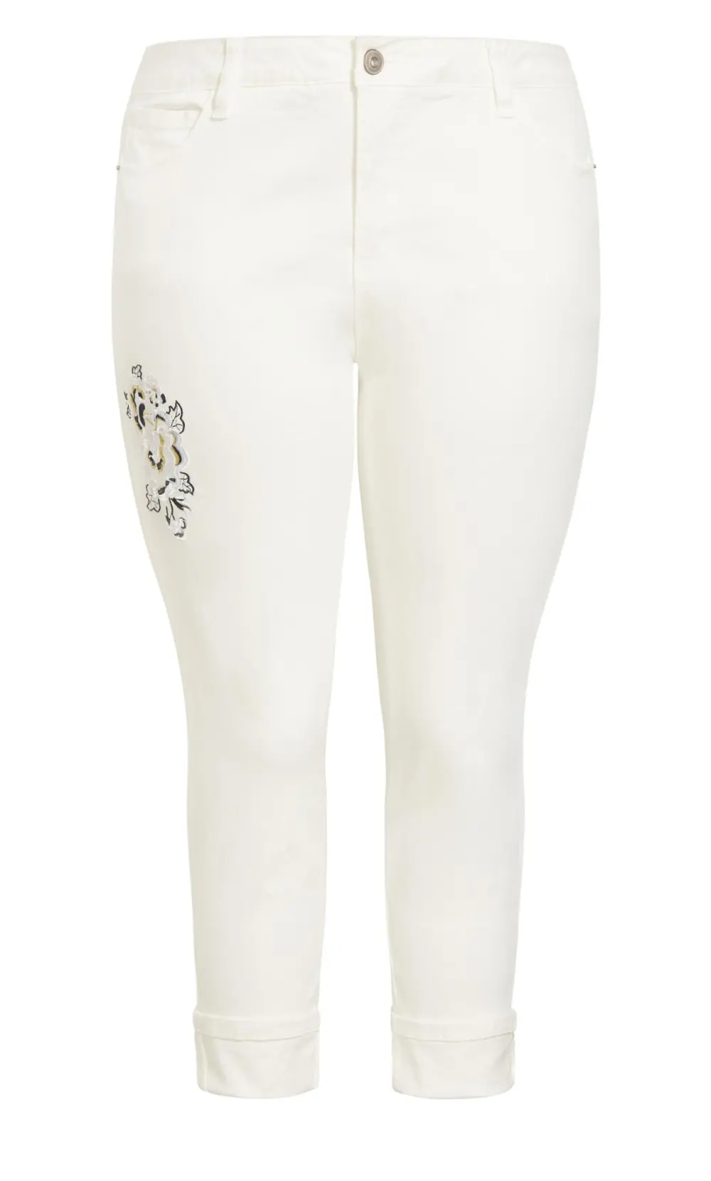 Evans White Embroidered Turn Up Denim Crop