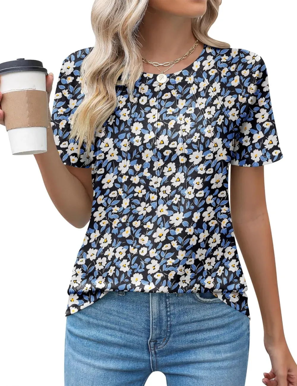 Kistore Womens Casual Crew Neck Short Sleeve Pleated Tops Blouses Fashion Clothes 2024