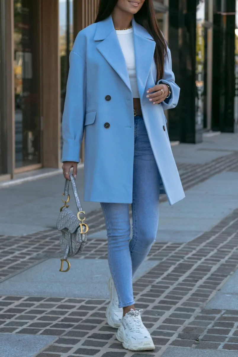 Solid Double Breasted Lapel Coat in Sky Blue