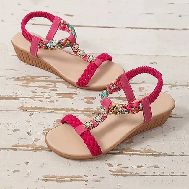 Women's Sandals Boho Bohemia Beach Wedge Sandals Outdoor Daily Beach Summer Wedge Heel Open Toe Cute Vintage Casual PU Leather Polyester Loafer Solid Color Black Pink Blue