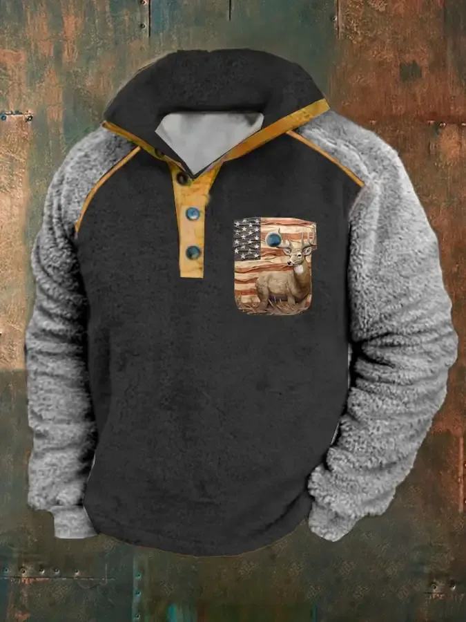 Men's Retro Casual Contrast Print Button Sweatshirt