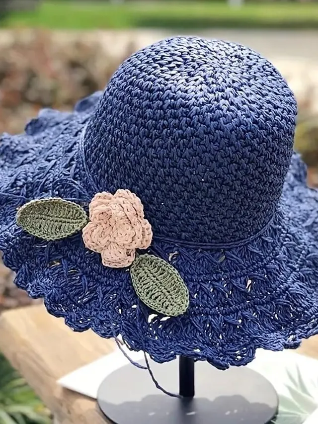 1pcs Trendy Flower Crochet Straw Hat Elegant Solid Color Ruffle Sun Hats Classic Foldable Summer Travel Beach Hats For Women Girls