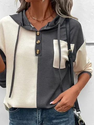 Loose Color Block Buckle Casual Hoodie Sweatshirt