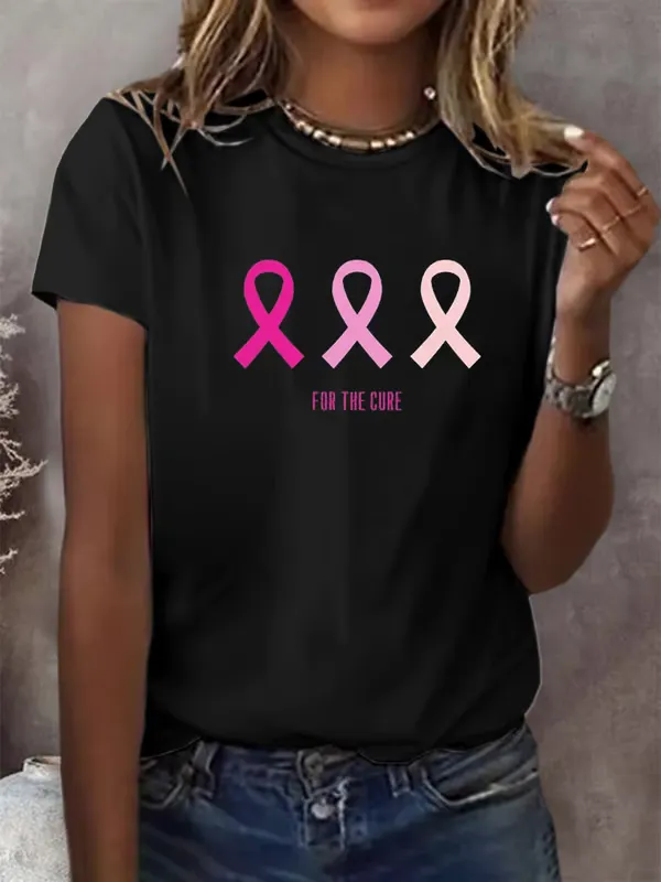 Women'S T-Shirt Pure Cotton Round Neck Printed Short Sleeve Female Breast Cancer Printed Casual Round Neck Short Sleeve Top