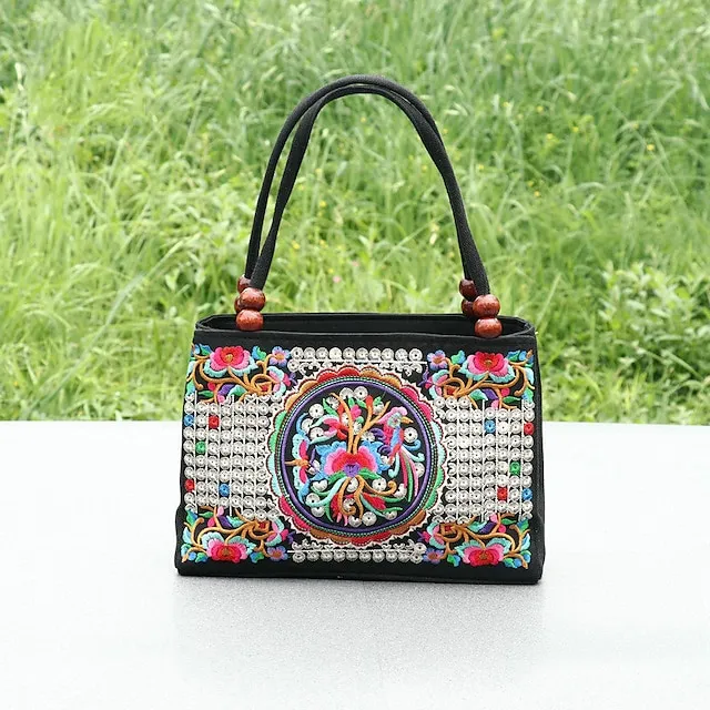 Women's Handbag Canvas Outdoor Holiday Embroidery Large Capacity Breathable Lightweight Folk Dark Red Black / Red Blue peacock