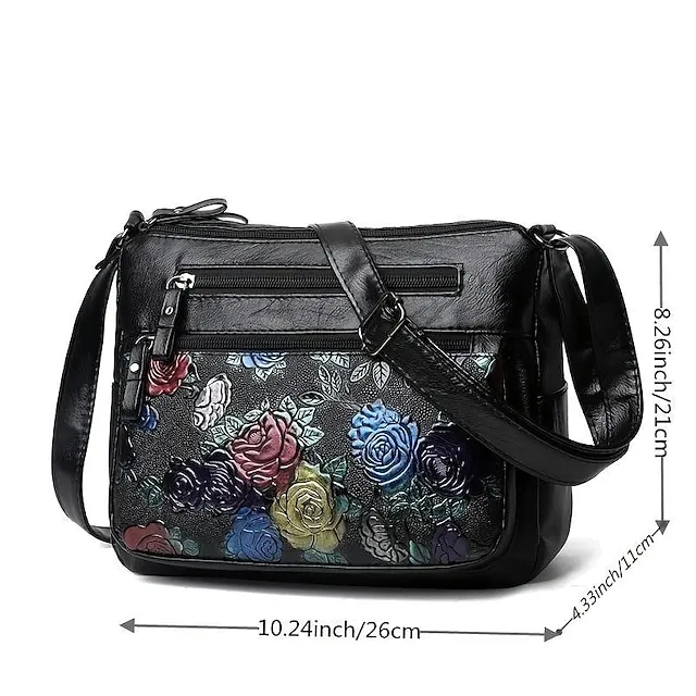 Women's Crossbody Bag Shoulder Bag PU Leather Outdoor Office Zipper Adjustable Large Capacity Lightweight Flower Black