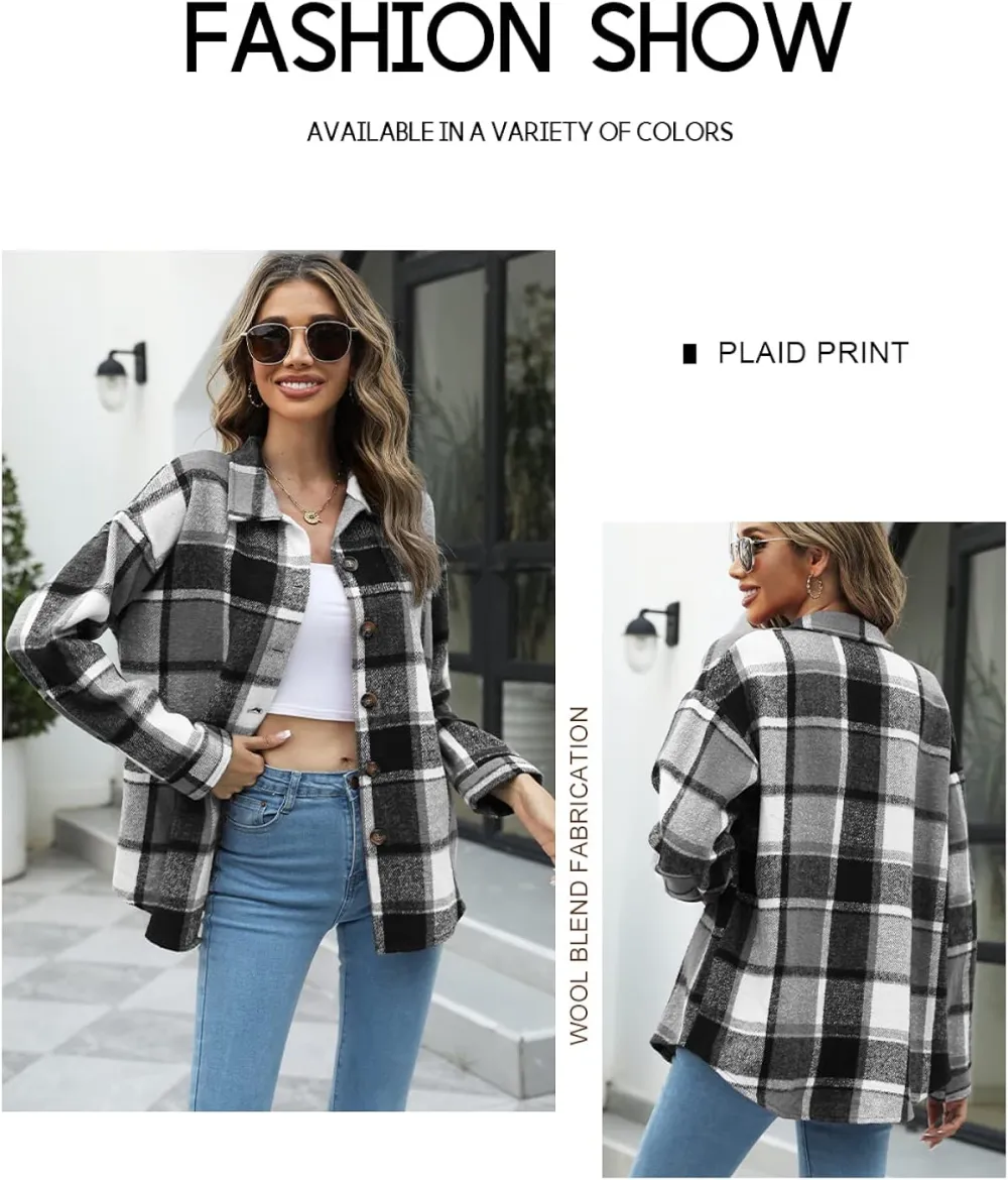 Women's Flannel Plaid Shacket Long Sleeve Button Down Chest Pocketed Shirts Jacket Coats
