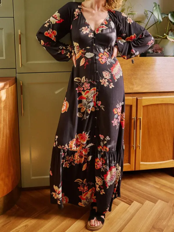 Black Floral V-Neck Midi Dress