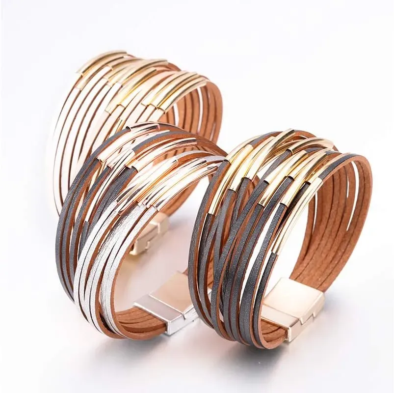 Fesciory Leather Wrap Bracelets for Women, Boho Leopard Multi-Layer Crystal Beads Cuff Bracelet Jewelry