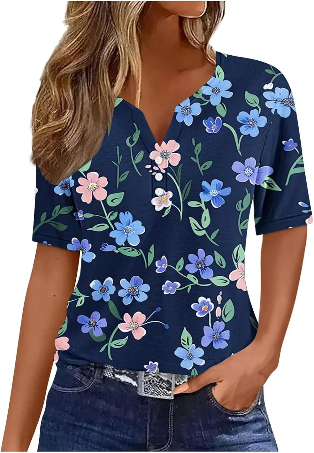 Shirts for Women Casual Printed Summer Tops Short-Sleeved Button V-Neck Tops Blouse Fashion Boho T-Shirts