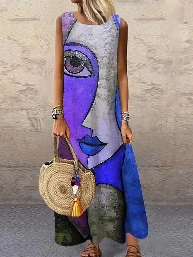 Women's Casual Dress Shift Dress Long Dress Maxi Dress Blue Purple Yellow Sleeveless Color Block Print Spring Summer Crew Neck Modern Daily Vacation Summer Dress Regular Fit 2023 S M L XL XXL 3XL