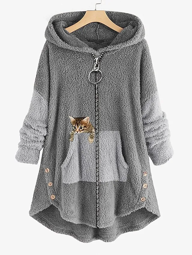 Women's Plus Size Teddy Coat Animal Casual Long Sleeve V Wire Regular Fall Winter Green Pink Dark Gray L XL XXL 3XL 4XL