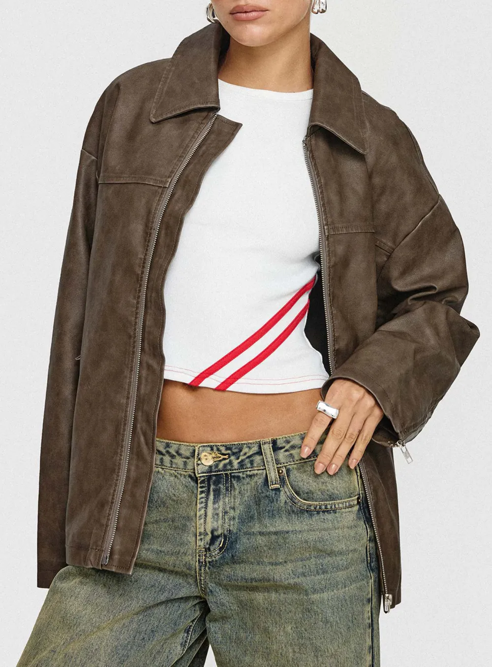 Brown Distressed Faux Leather Jacket