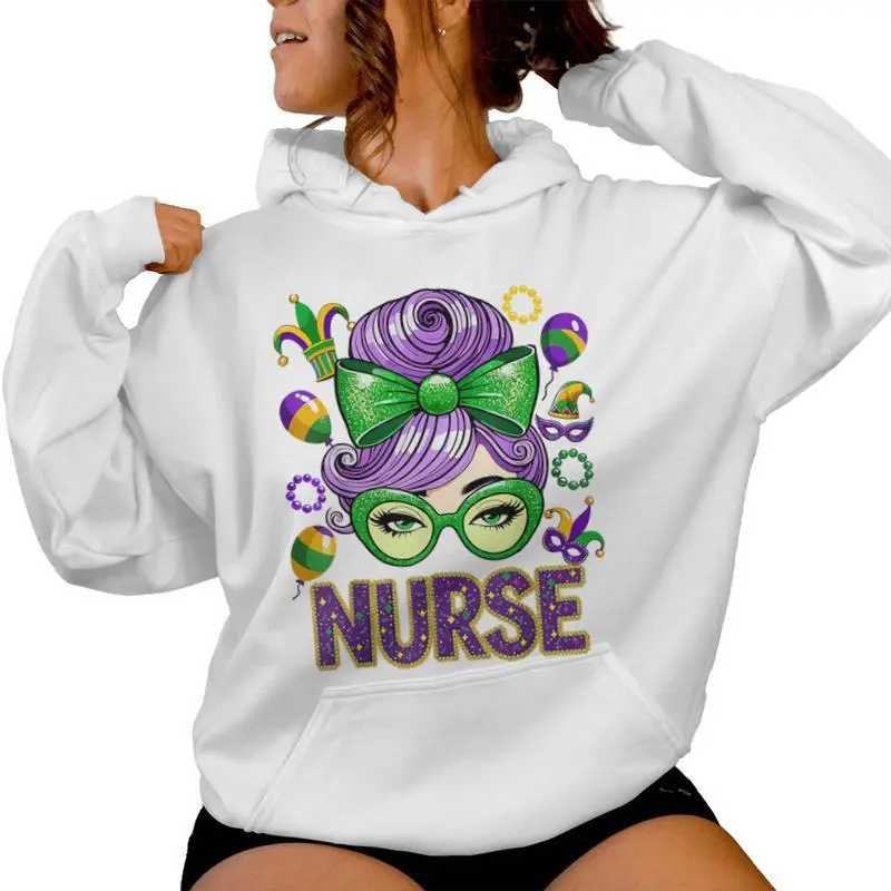 Mardi Gras Nurse Messy Bun Mask Beads Mardi Gras Women Hoodie