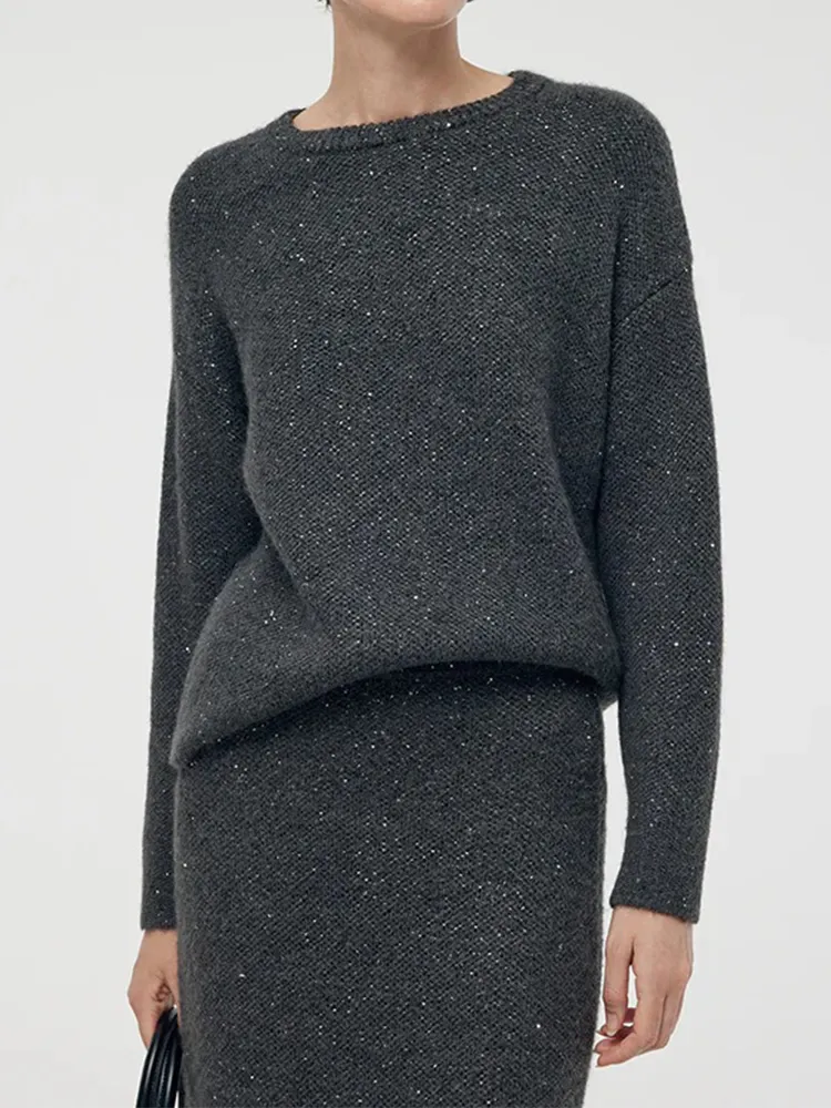 Charcoal Grey Wool Blend Sequins Women Sweater