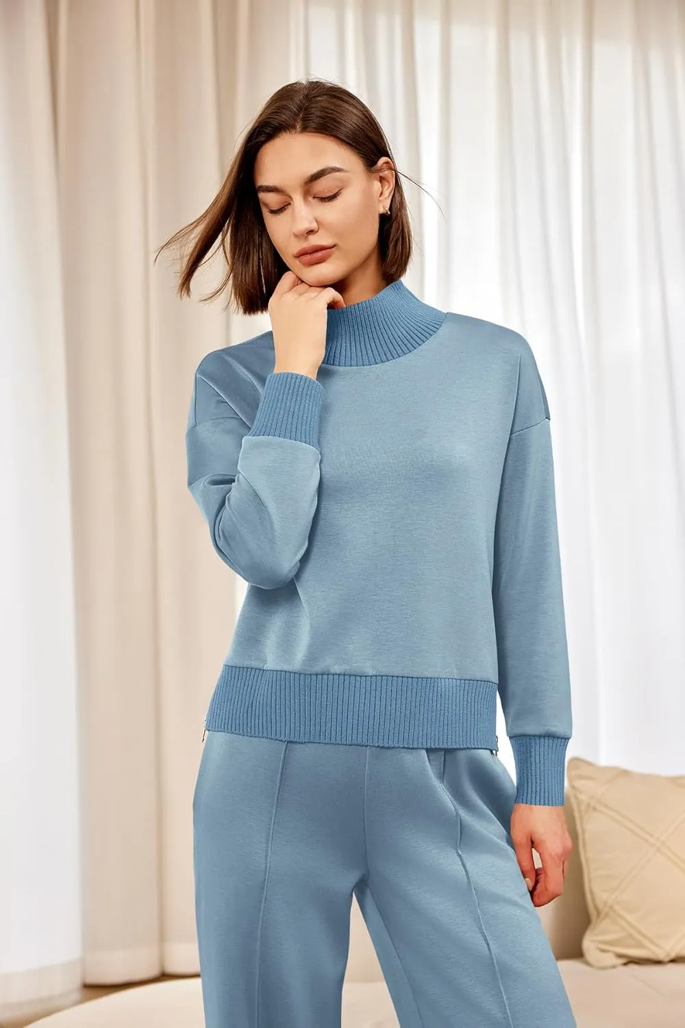 Women's 2-Piece Lounge Set 🧶 | Cozy Knit Turtleneck Top & Matching Pants Outfit