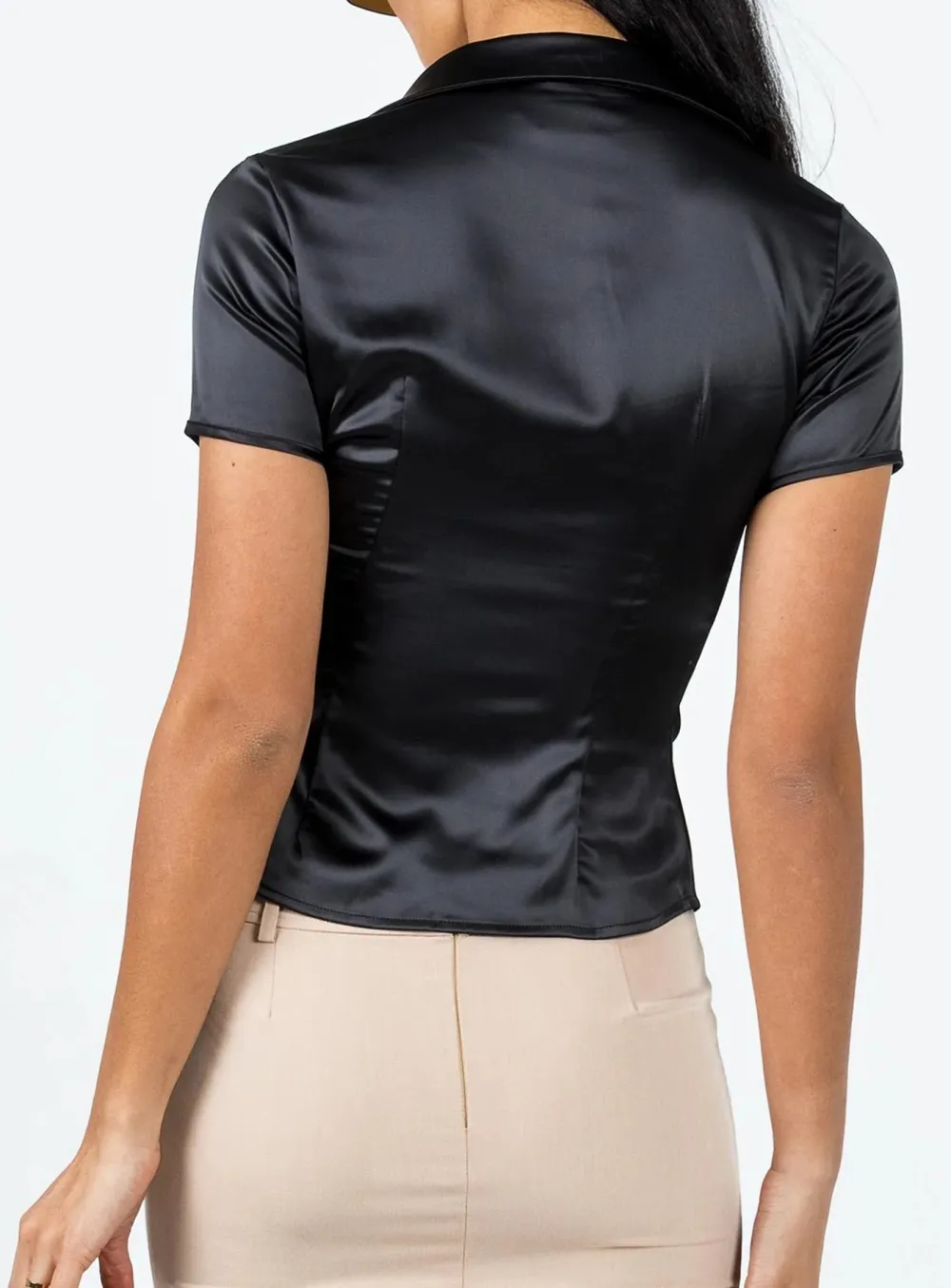 Black Satin Short Sleeve Button Up Shirt